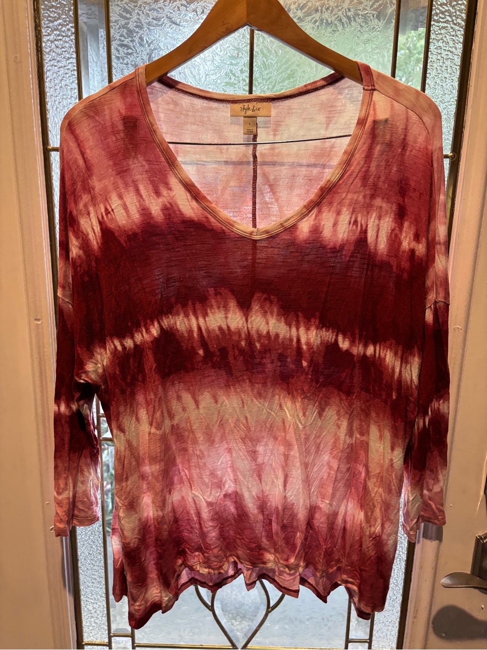Style & Co. Maroon and Cream Tie-Dye V-Neck Long Sleeve Top